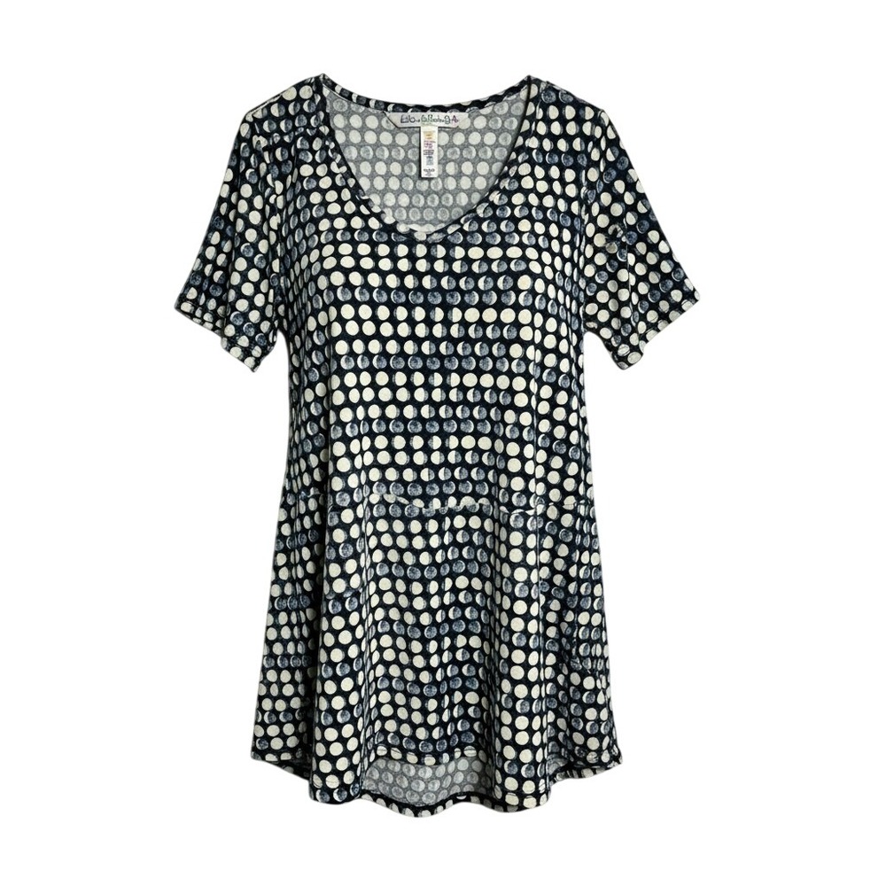 LuLaRoe Moon Phase Tunic Top Womens XL Blue Cream V-Neck High Low Short Sleeve
